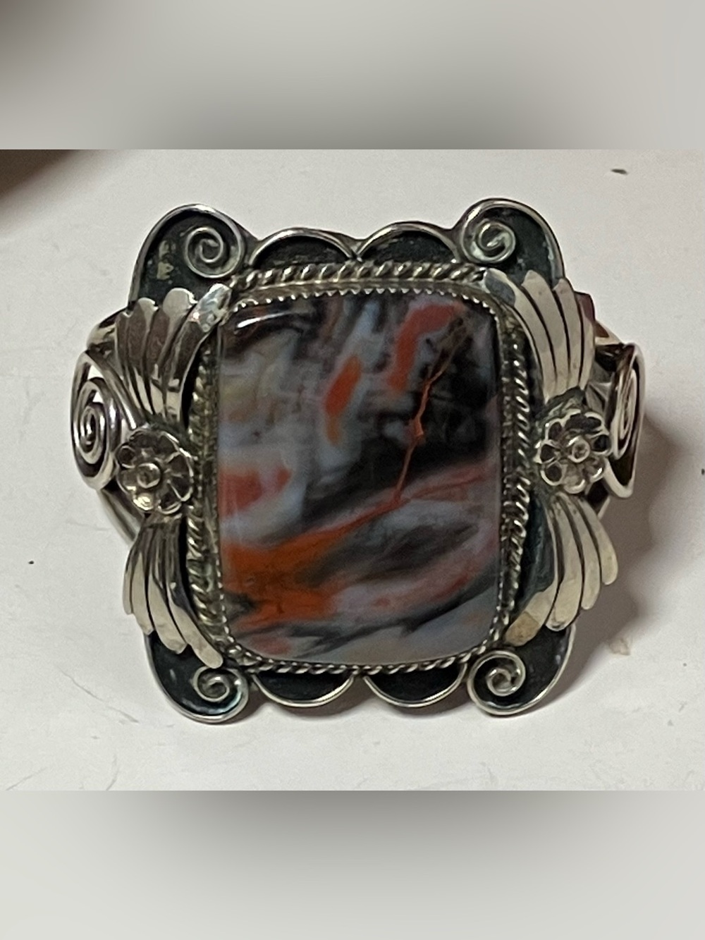 Navajo Ahasteen Petrified Wood Sterling Cuff Bracelet